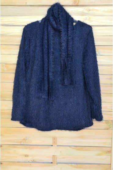 LARGE SIZE SWEATER WITH SCARF ATTACHED 4089 NAVY BLUE