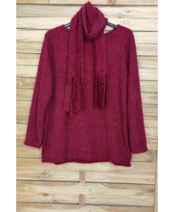 GRANDE TAILLE PULL AVEC ECHARPE ASSORTIE 4089 BORDEAUX