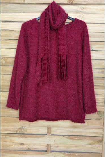 LARGE SIZE SWEATER WITH SCARF ATTACHED 4089 BORDEAUX