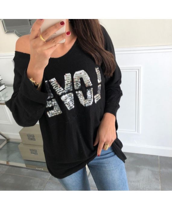 MAGLIONE AMORE PAILLETTES 5025 NERO - www.grossiste-pret-a-porter.com