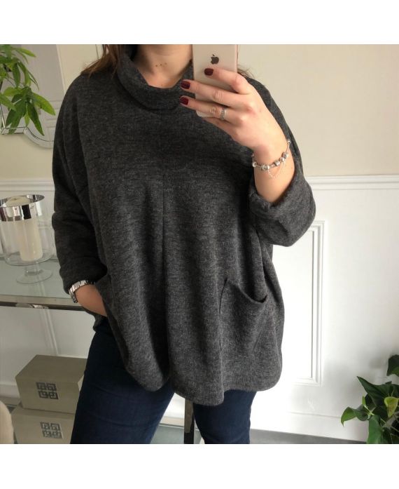 GRANDE TAILLE PULL COL BOULE 2 POCHES 5005 GRIS