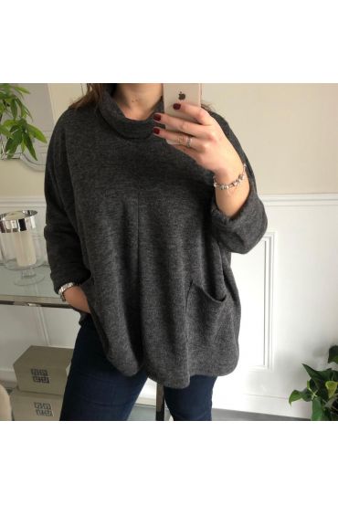GRANDE TAILLE PULL COL BOULE 2 POCHES 5005 GRIS