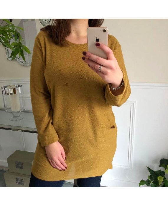 LARGE SIZE SWEATER TUNIC POCKETS 5013 MUSTARD