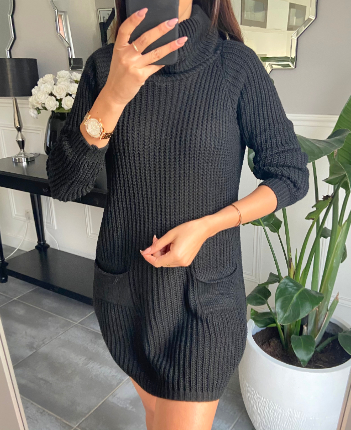 SWEATER DRESS MESH COLLAR ROLLS WITH 