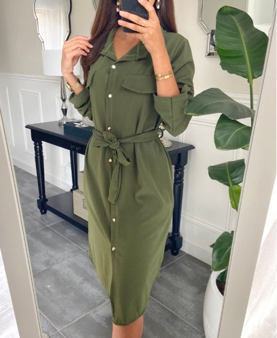 BUTTON DRESS WITH BELT 9655 MILITARY GREEN
