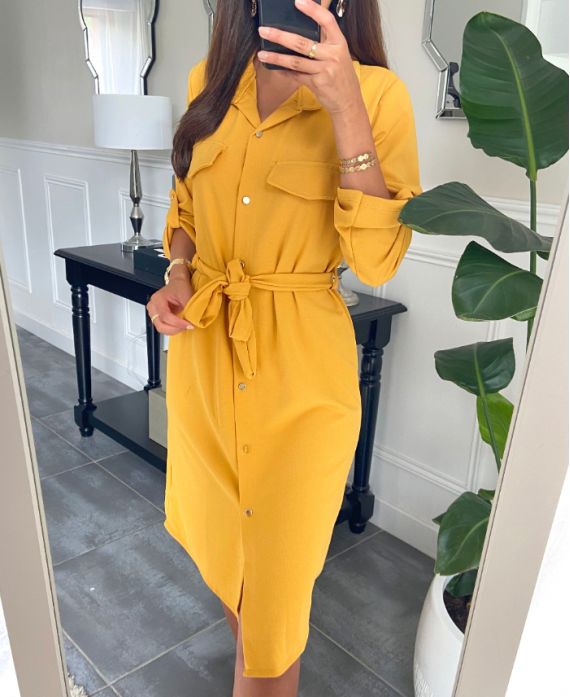 BUTTON DRESS WITH BELT 9655 MUSTARD