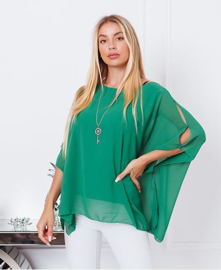 SHEER TUNIC + NECKLACE OFFERED 7510 EMERALD GREEN