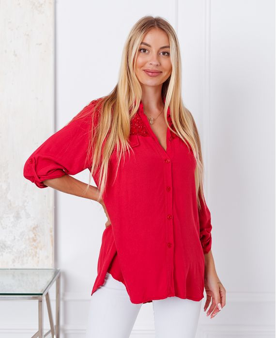 CAMICIA IN PIZZO CON PAILLETTES 9261 ROSSO