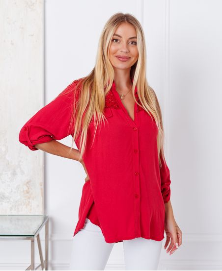 CAMISA DE ENCAJE CON LENTEJUELAS 9261 ROJO