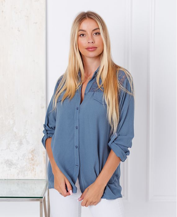 CAMICIA IN PIZZO CON PAILLETTES 9261 BLUE JEANS