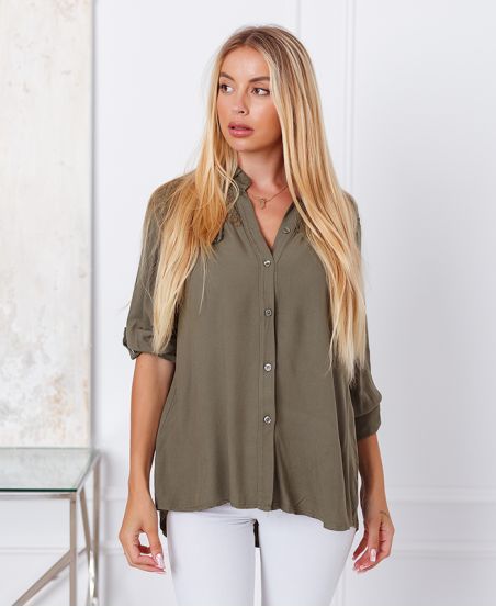 CAMISA DE ENCAJE CON LENTEJUELAS 9261 VERDE MILITAR