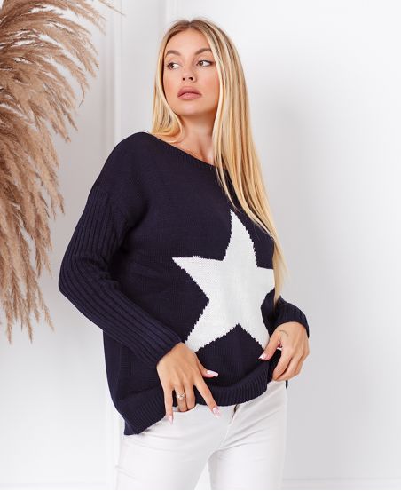 PULLOVER MAILLE ETOILE 4678 BLEU MARINE