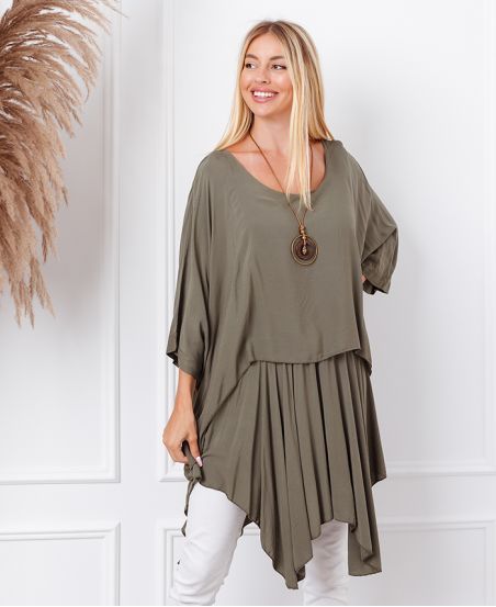 OVERSIZE TUNIC OVERLAY + NECKLACE OFFERED 19263 MILITARY GREEN