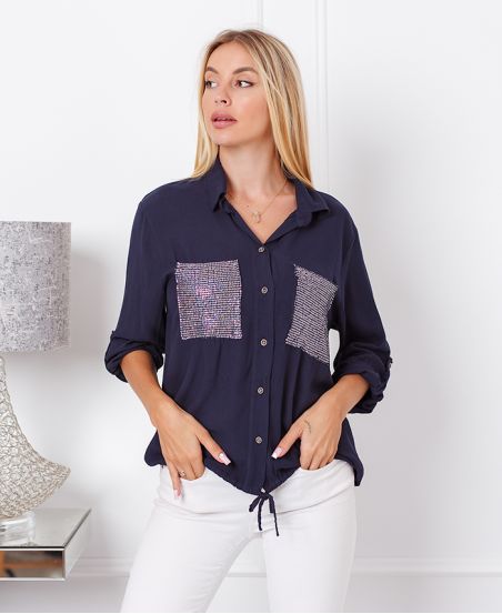 SEQUINED POCKETS SHIRT 9263 NAVY BLUE