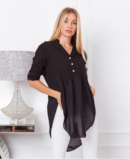 BI-MATERIAL TUNIC SWEATER BUTTON NECKLINE 19276 BLACK