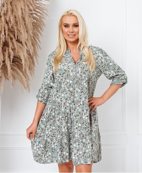 ROBE COURTE EVASEE ENCOLURE A BOUTON 8268 VERT MILITAIRE