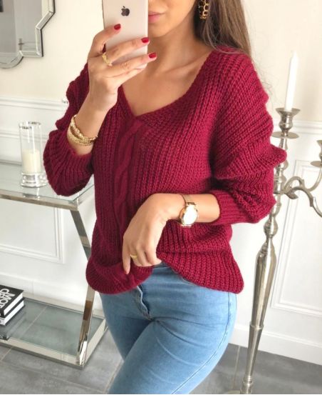 PULLOVER CON SCOLLO A V TORSADE 04 BORGOGNA