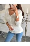 PULLOVER COL V TORSADE 04 BLANC