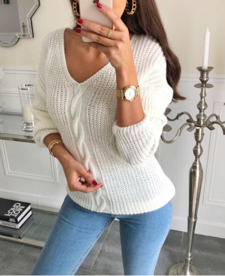 PULLOVER COL V TORSADE 04 BLANC