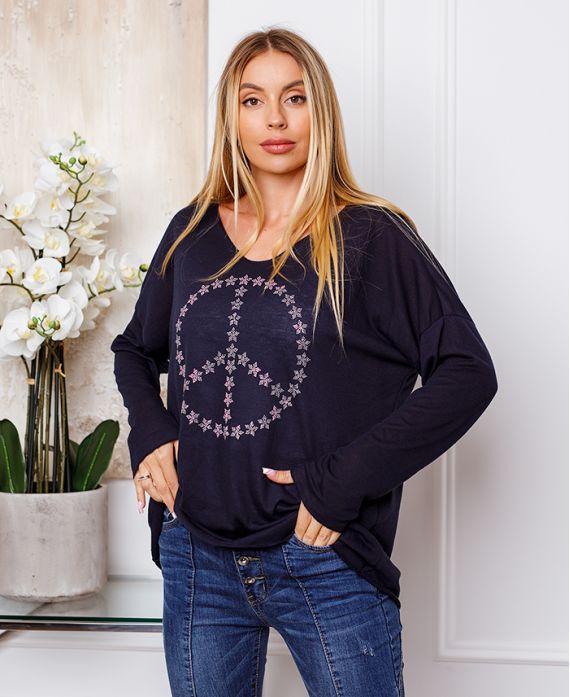 FIJNE SWEATER PEACE AND LOVE 20327 MARINEBLAUW