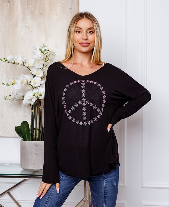 FIJNE SWEATER PEACE AND LOVE 20327 ZWART