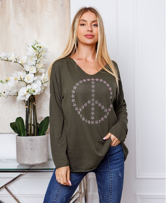 PULL FIN PEACE AND LOVE 20327 VERT MILITAIRE