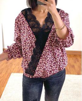 FLOWER AND LACE DRAPE BLOUSE 9892 BURGUNDY