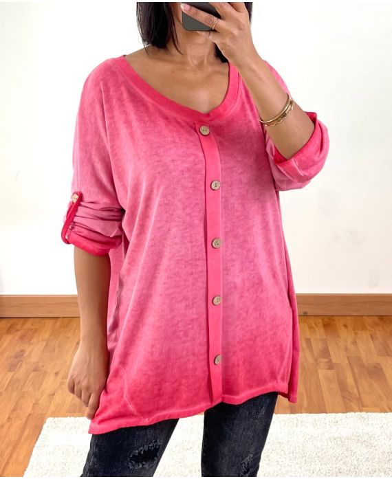 PULL OVERSIZE EFFET DELAVE A BOUTONS 20258 ROUGE