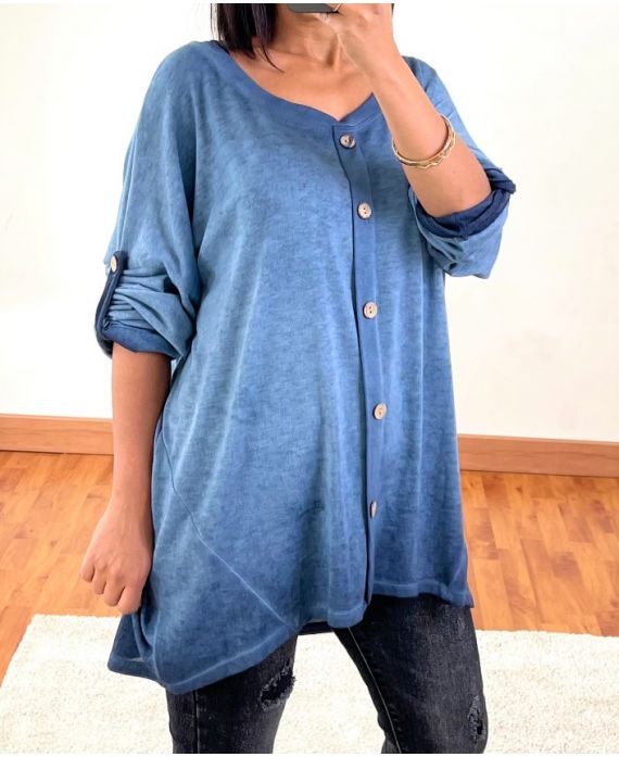 PULL OVERSIZE EFFET DELAVE A BOUTONS 20258 BLEU