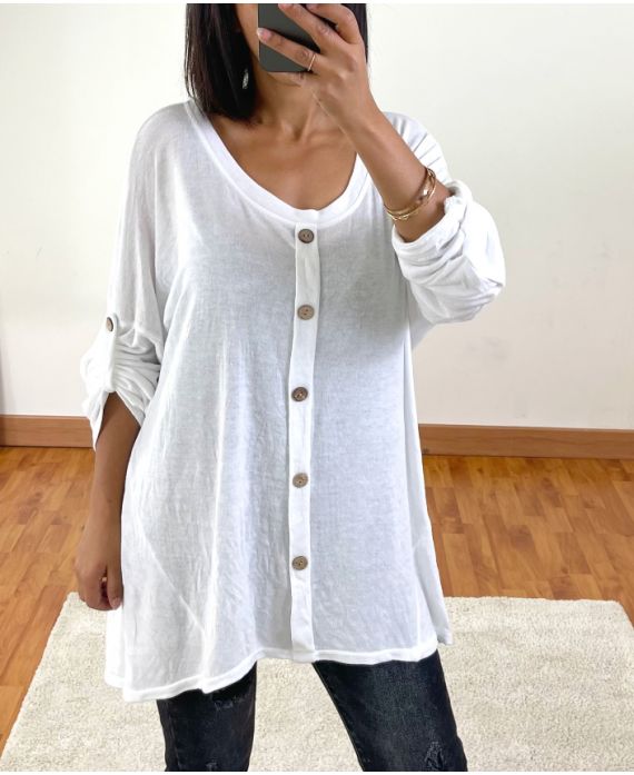 PULL OVERSIZE EFFET DELAVE A BOUTONS 20258 BLANC