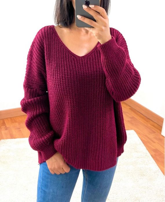 PULLOVER COL V 952 BORDEAUX