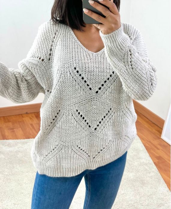 PULLOVER COL V AJOURE 954 BEIGE