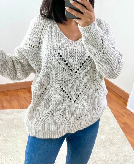 PULLOVER COL V AJOURE 954 BEIGE