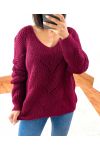 PULLOVER COL V AJOURE 954 BORDEAUX