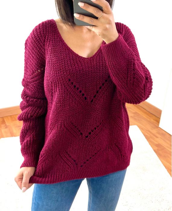 PULLOVER COL V AJOURE 954 BORDEAUX