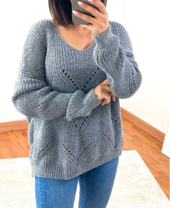 PULLOVER COL V AJOURE 954 GRIS FONCE