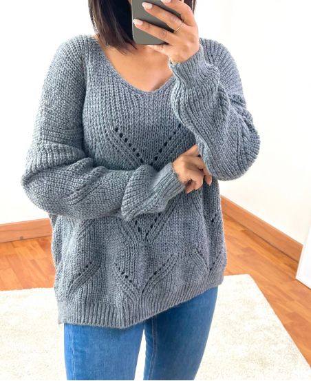 PULLOVER COL V AJOURE 954 GRIS FONCE