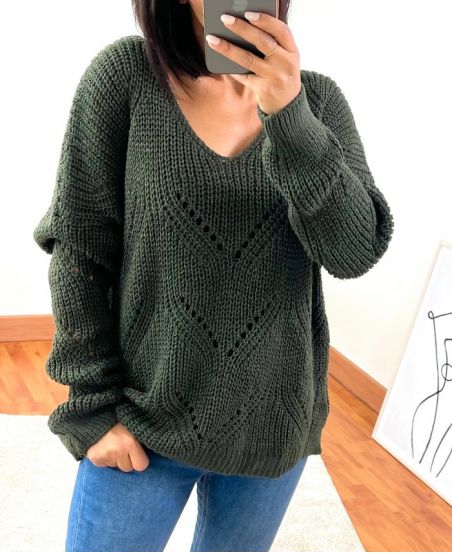 V-NECK PULLOVER AJOURE 954 MILITARY GREEN