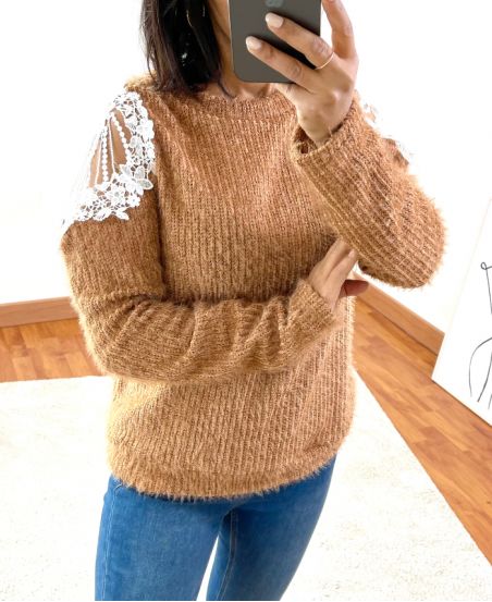 SWEATER SOFT SHOULDERS LACE 9169 CAMEL