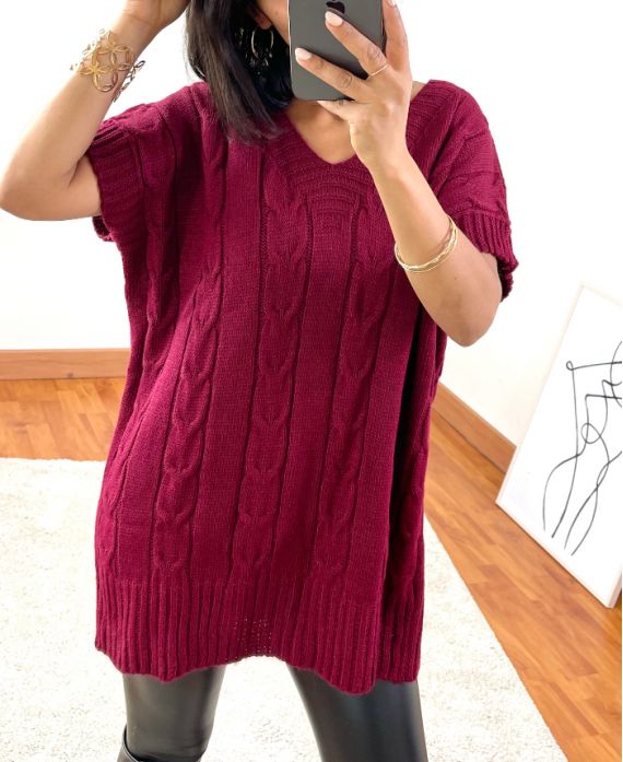 PULLOVER MESH-ZOPF, KURZEN ÄRMELN 03 BORDEAUX