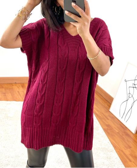 PULL MAILLE TORSADE MANCHES COURTES 03 BORDEAUX