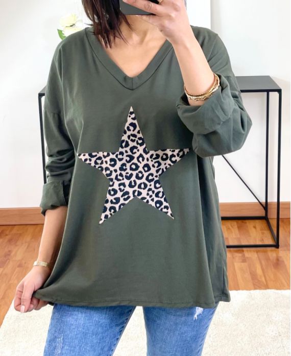 T-SHIRTS ETOILE MOTIF LEOPARD 9648 VERT MILITAIRE