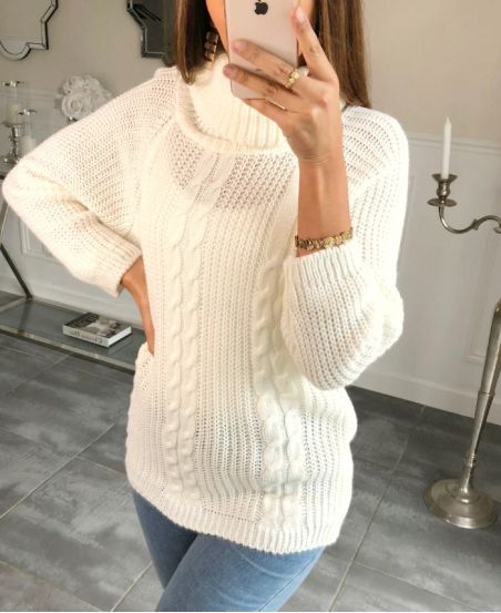 PULLOVER COL ROULE TORSADE A10 BLANC