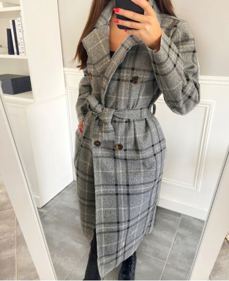 LONG DARK GREY CHECK COAT