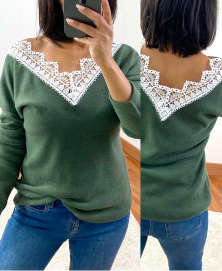 PULL DOUX DENTELLE 1477 VERT MILITAIRE