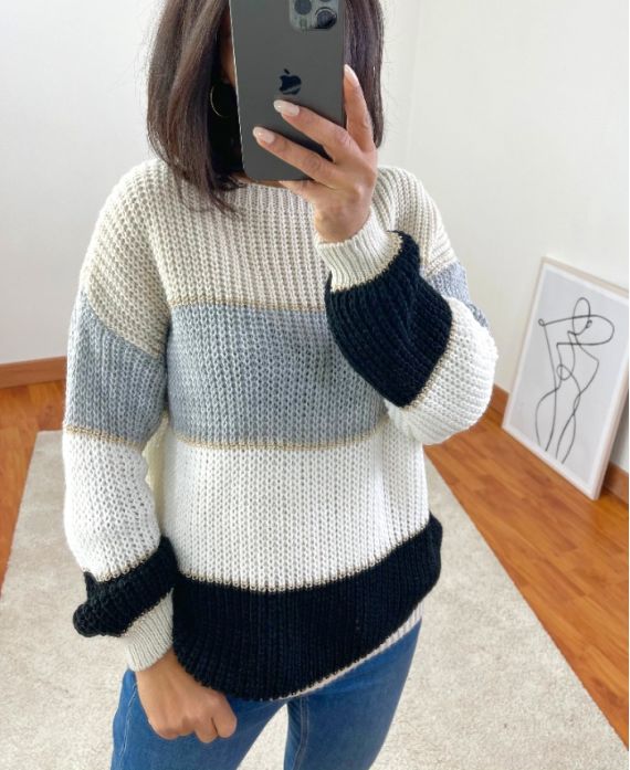 Beżowy wielokolorowy sweter z lurexem A07
