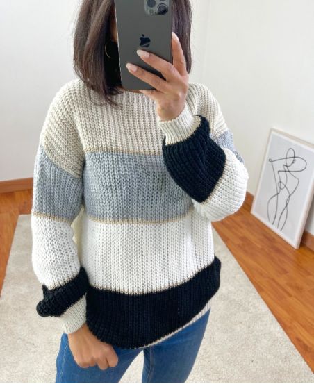 Beżowy wielokolorowy sweter z lurexem A07