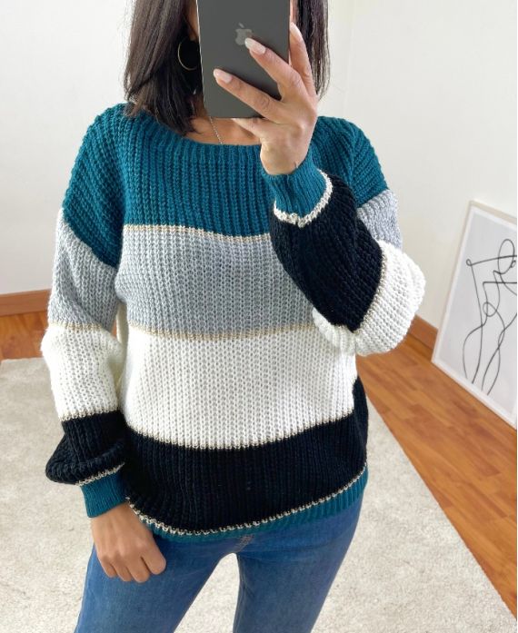 Niebieski wielokolorowy sweter z lurexem A07 
