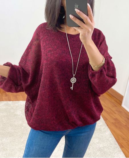 ELASTIC BASE SWEATER + NECKLACE 3680 BURGUNDY