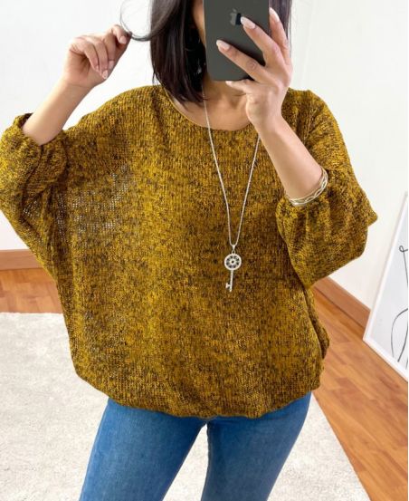 ELASTIC BASE SWEATER + NECKLACE 3680 MUSTARD